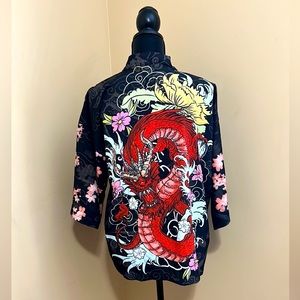 Summer Casual Dragon Floral Printed Short Kimono Cardigan Robe Shirt